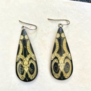 Vintage Cloisonné Black and Gold Art Deco Drop Earrings